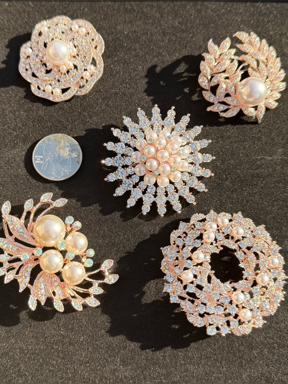 Elegant Rose Gold Brooch Lot & Red Beaded Statement Earrings - 6pc Accessory Bun